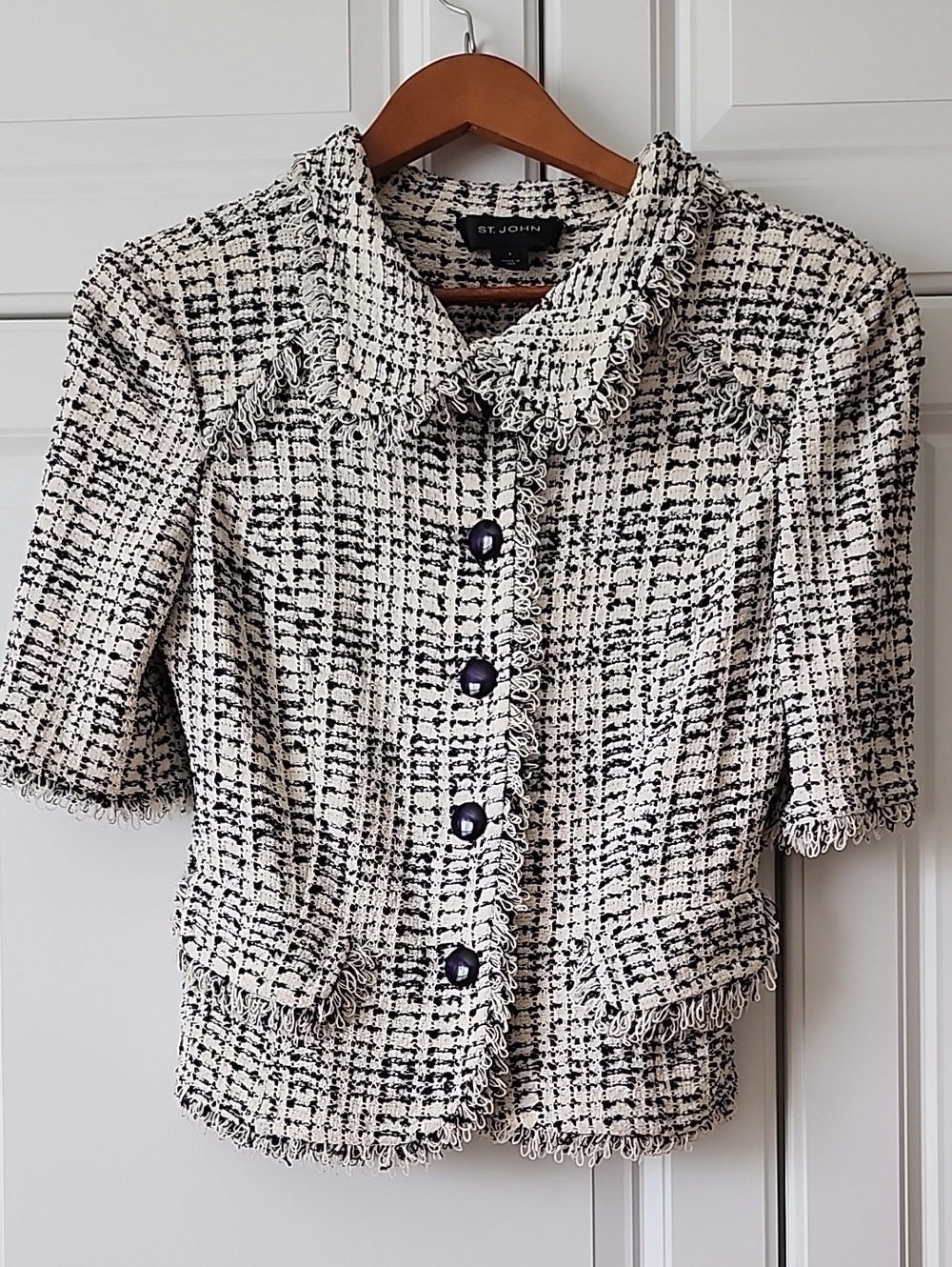 St. John Ivory and Black Tweed Short Sleeve Jacket